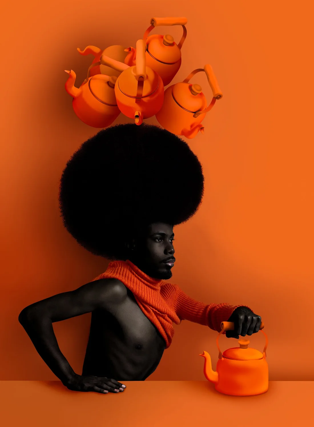 Foto editada: retrato monocromático laranja com chaleiras flutuantes